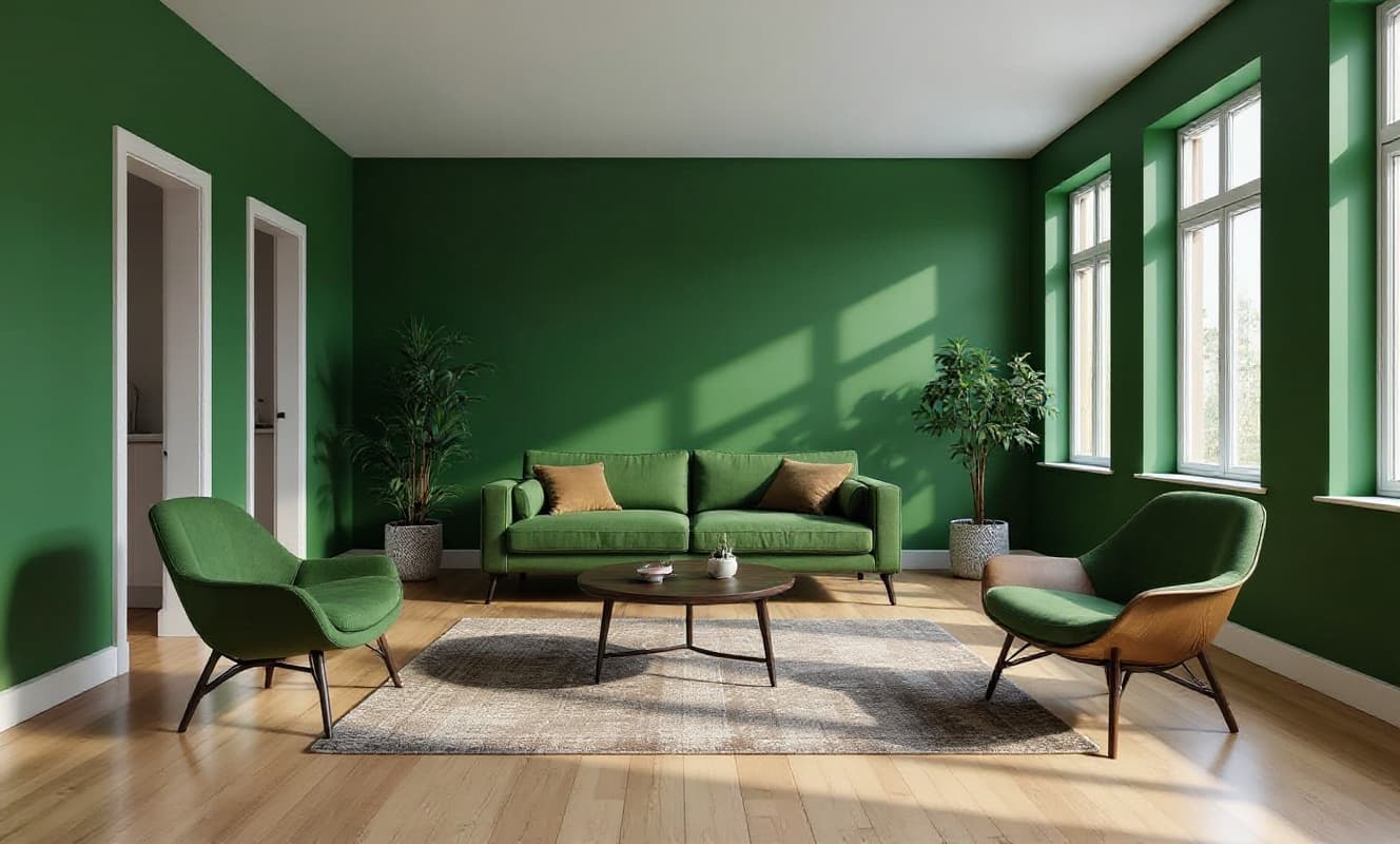 The same room with the walls and the seating recolored green by the AI edit tools