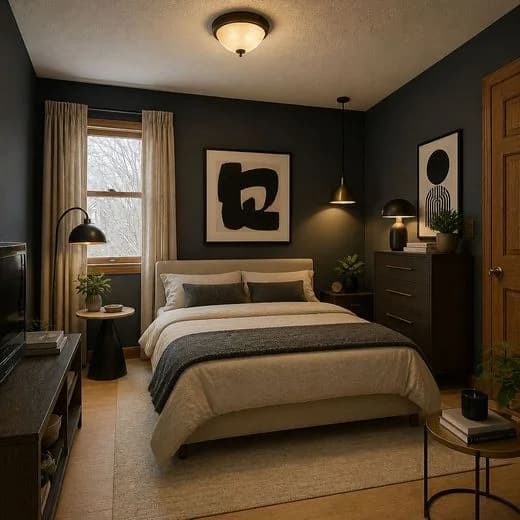 The same bedroom redesigned in Modern Studio style with AI