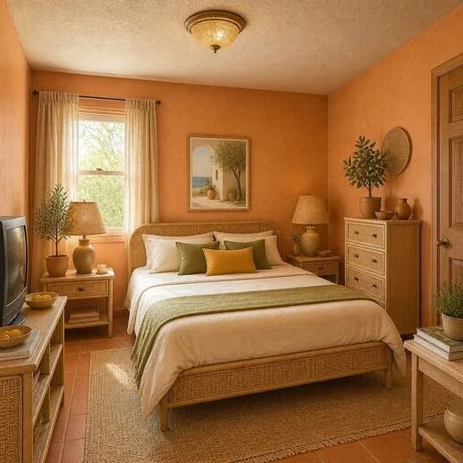The same bedroom redesigned in Sunwashed Terracotta style with AI