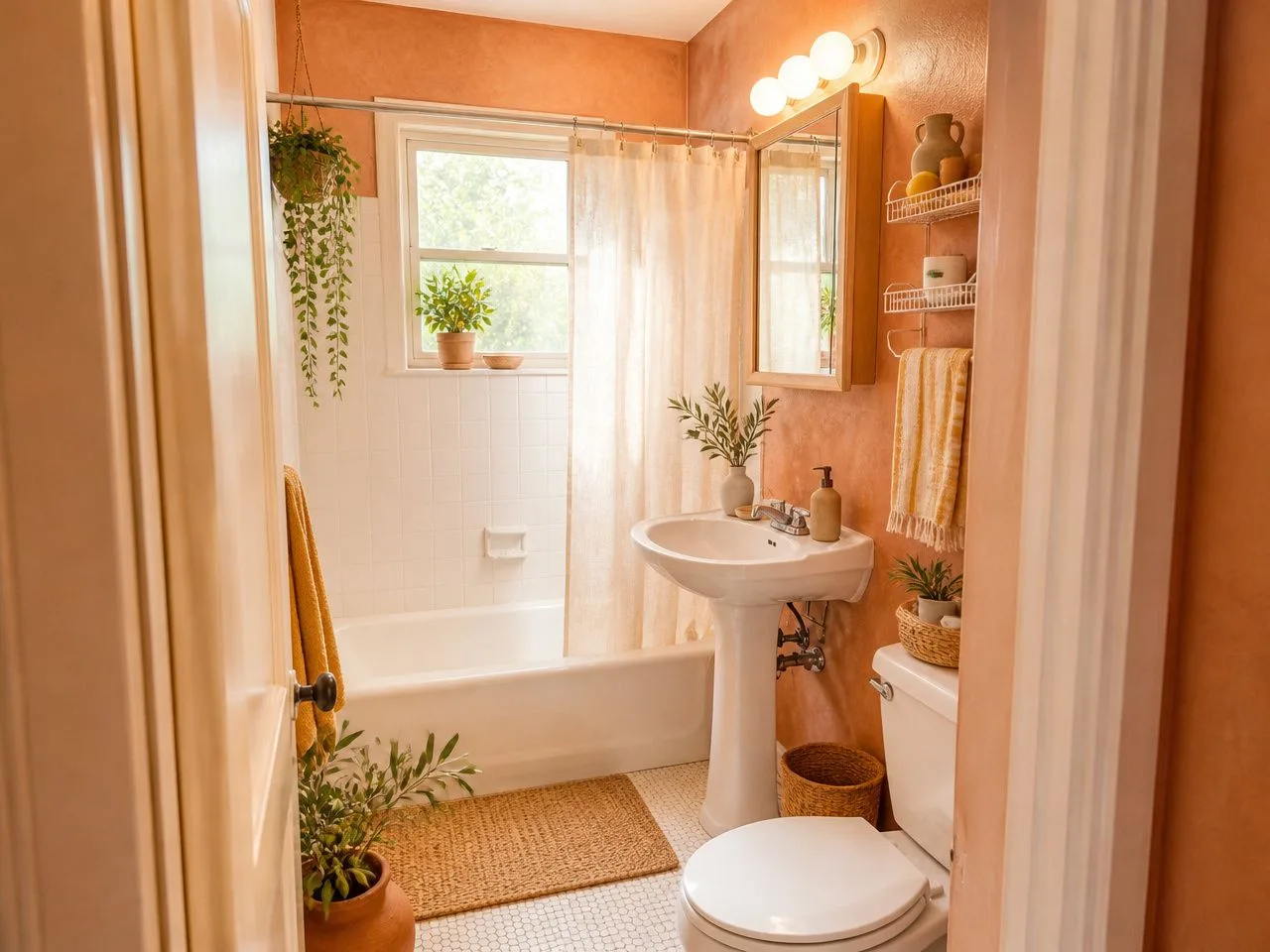 The same small bathroom redesigned in the free Sunwashed Terracotta style