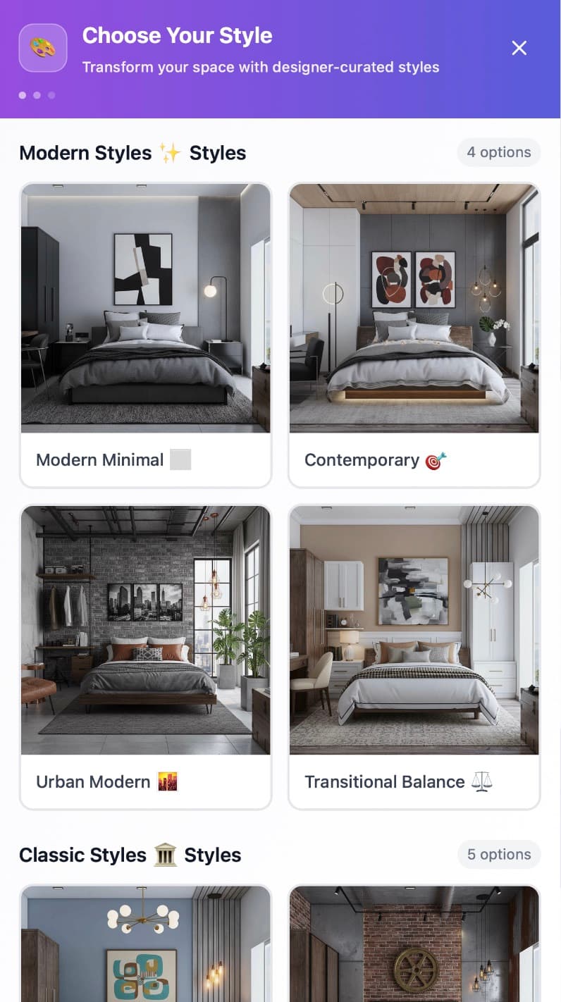 Gallery of 50+ interior design styles in the AI decorating app