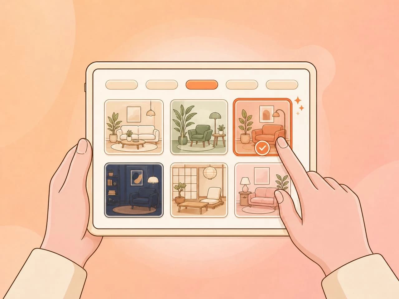 Step 2: choosing an interior design style from a gallery of six rooms on a tablet