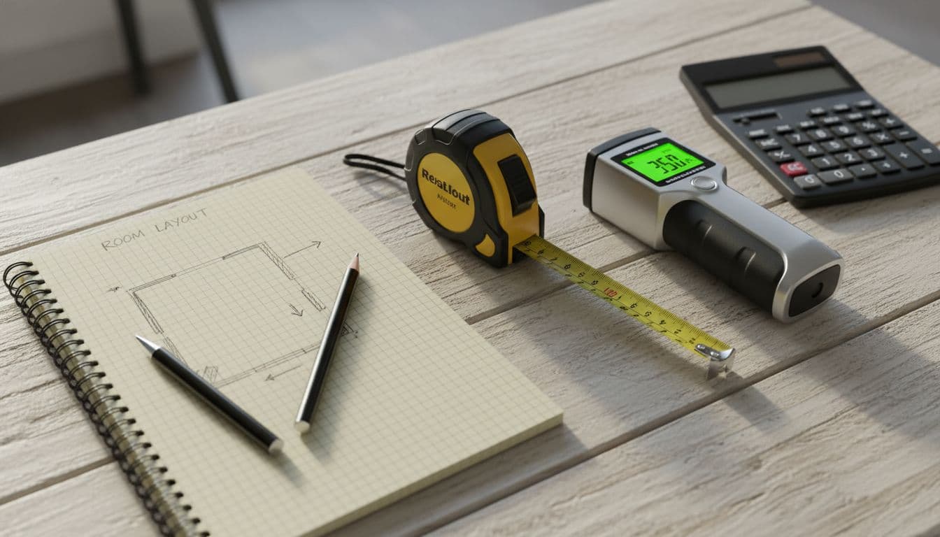 Step-by-step illustration showing how to measure a room with a tape measure or laser distance meter for accurate square footage