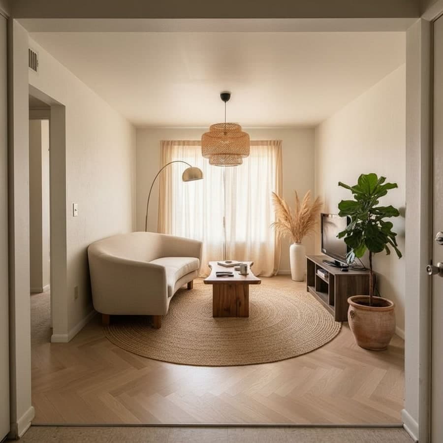 Living room warm Japandi redesign