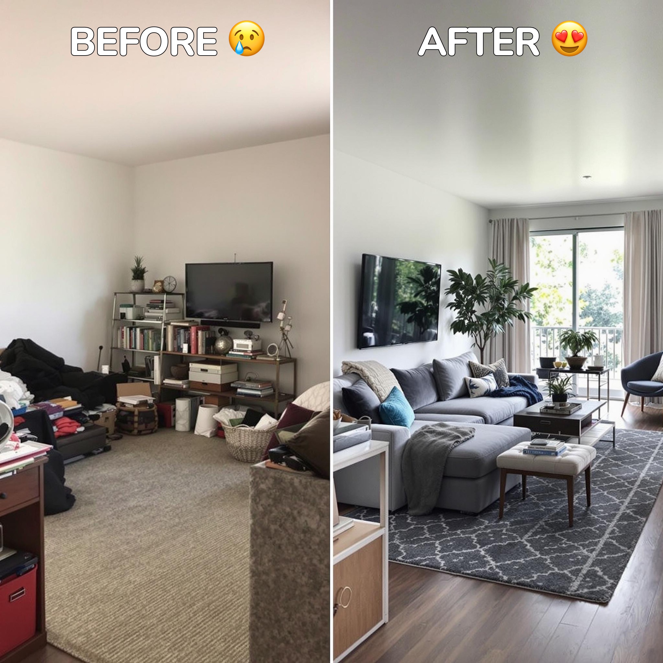 Examples of room transformations using Decoratly AI, showing before and after comparisons in different styles