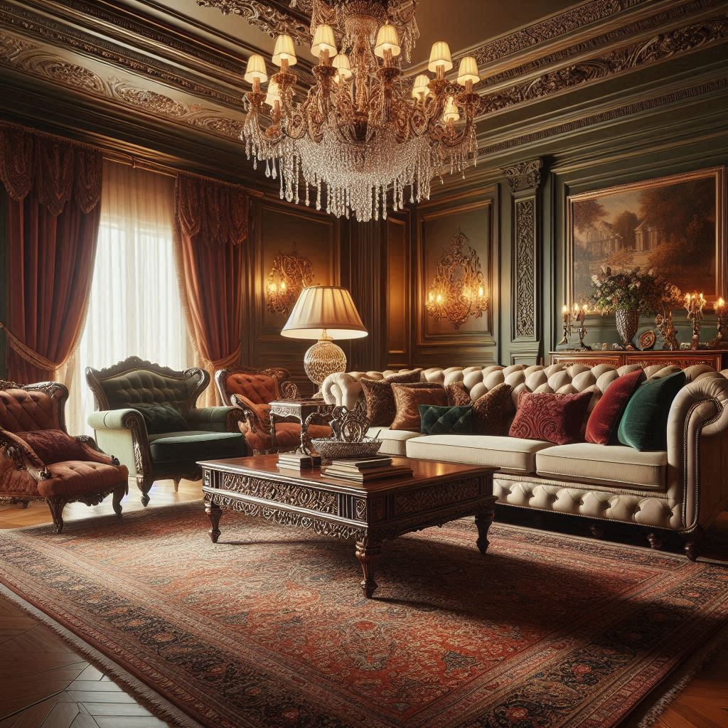 A cozy traditional living room featuring deep jewel tones, antique furniture, and a large ornate rug. The room is elegantly decorated with classic elements like an ornate chandelier and detailed moldings.