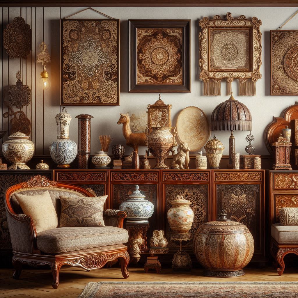 A collection of traditional design elements, including rich wood furniture, intricate patterns, and antique decor pieces arranged on a shelf.