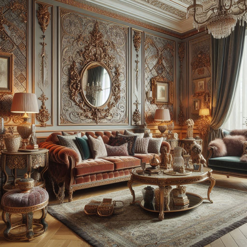 A traditional living room showcasing intricate patterns, plush velvet furniture, and a mix of ornate decor pieces like mirrors and vases.