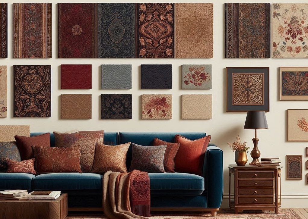 A mood board displaying traditional living room color schemes, including deep jewel tones, warm neutrals, and classic patterned fabrics.