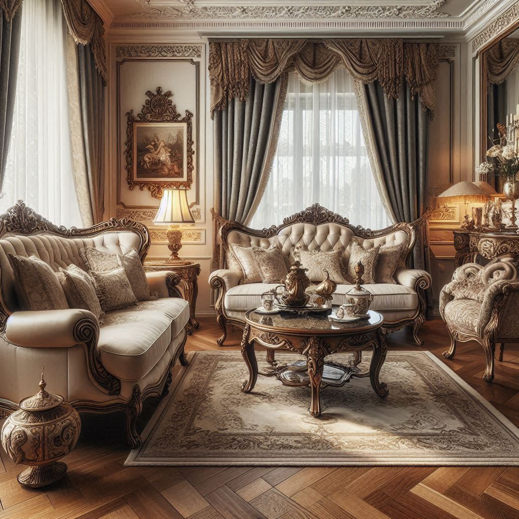 A traditional living room setup with ornate armchairs, a tufted sofa, antique coffee table, and detailed curtains.