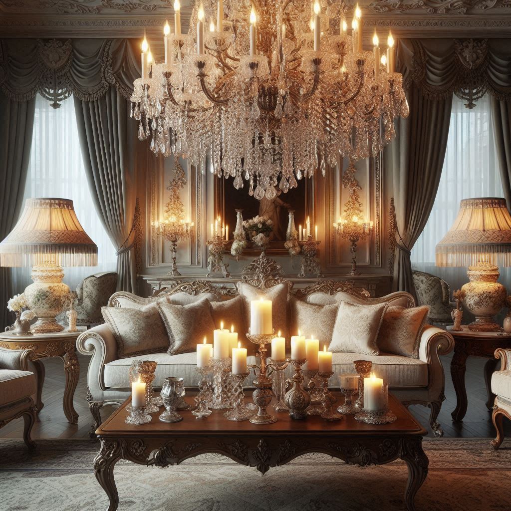 An elegant traditional living room featuring a grand crystal chandelier, classic table lamps, and the warm glow of candles.