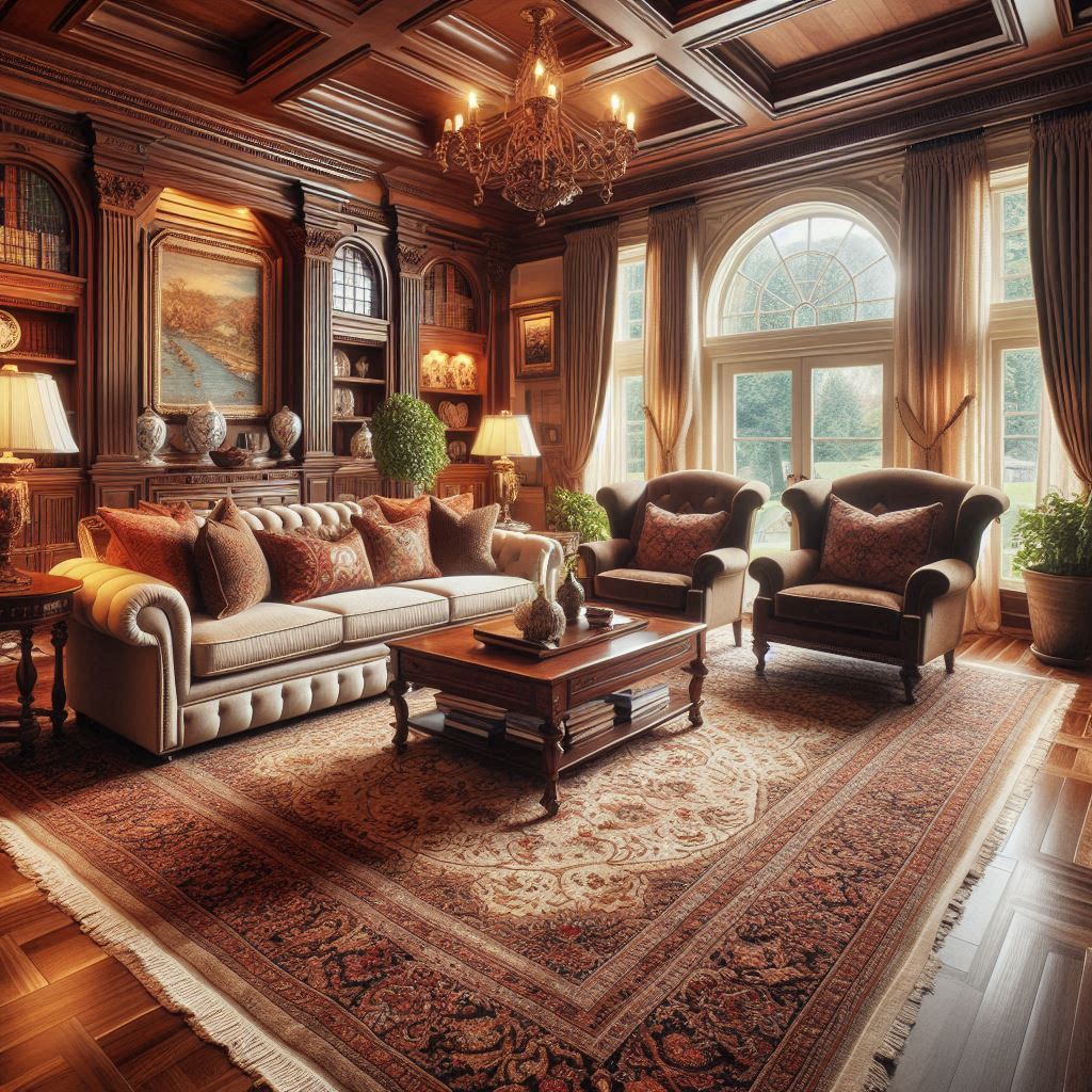 A traditional living room with rich hardwood floors and a large, intricately patterned Persian rug that anchors the seating area.