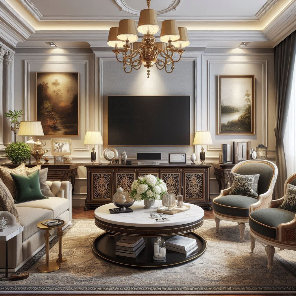 A traditional living room with antique mirrors, ornate vases, plush throw pillows, and a mix of framed classic artwork on the walls.