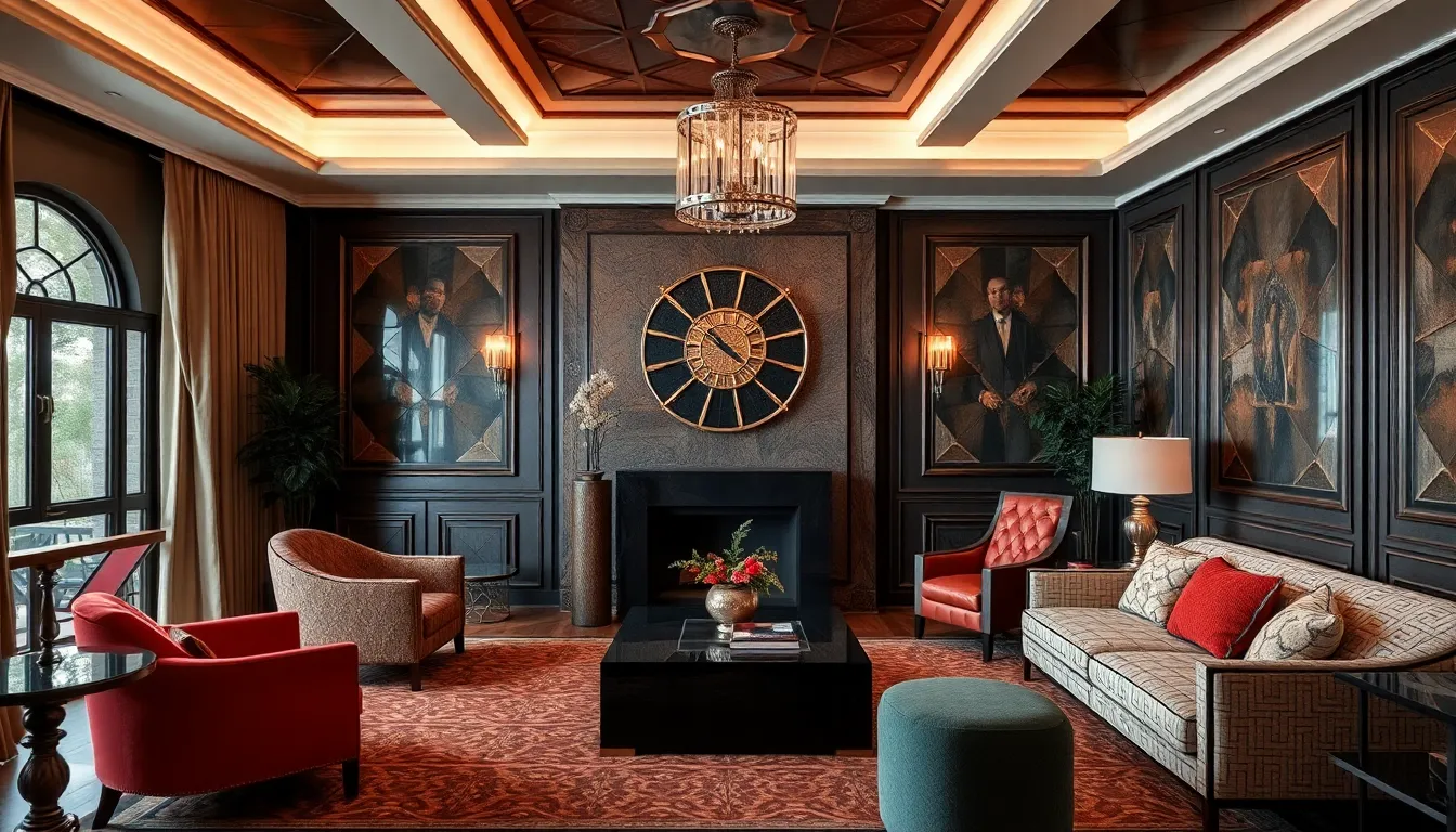 Art Deco geometric patterns including zigzag chevrons, sunburst motifs, stepped forms, and angular designs on wallpaper, textiles, and architectural details