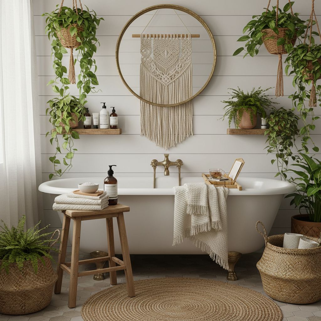 Boho bathroom interior design with natural materials and plants