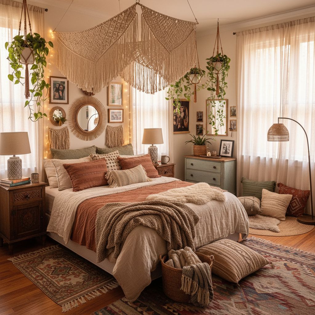 Boho bedroom interior design with macrame and cozy textiles