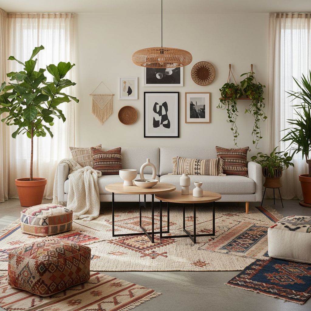 Modern boho interior design blending contemporary furniture with bohemian textiles, plants, and warm accessories
