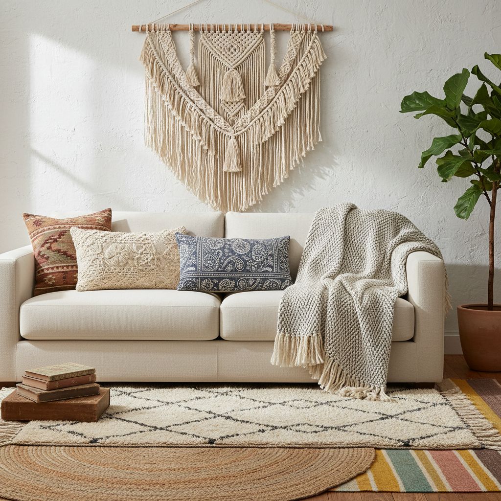 Layered boho textiles including macramé wall hanging, patterned throw pillows, woven blanket, and layered rugs showing texture variety in bohemian interior design
