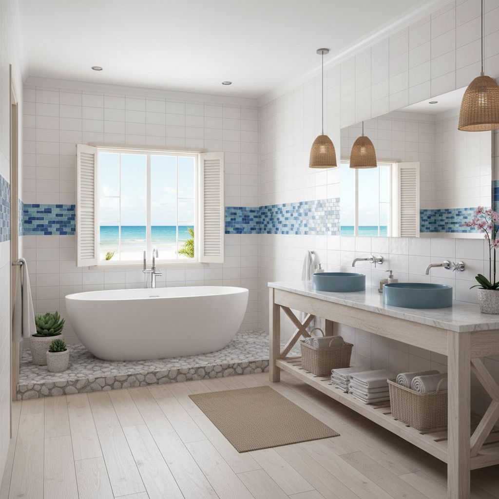 Coastal bathroom interior design with white tiles and blue accents