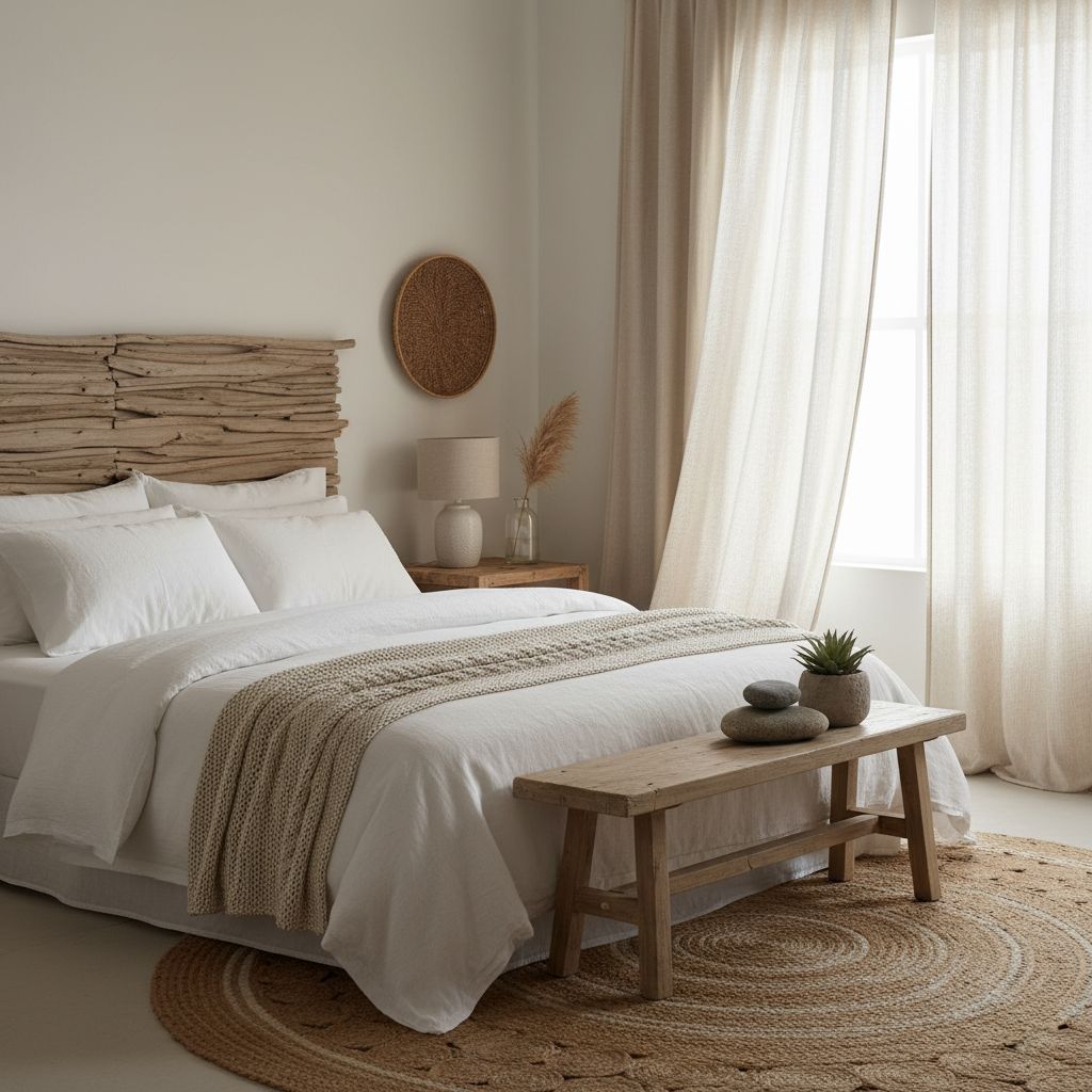 Coastal bedroom interior design with white bedding and natural textures