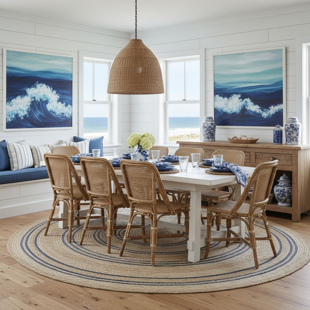 Coastal dining room interior design with whitewashed table and rattan chairs