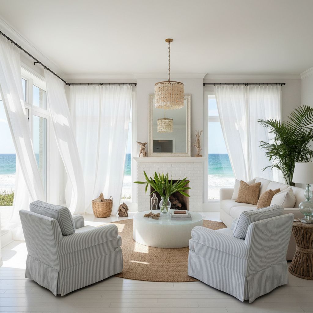 Bright coastal living room with floor-to-ceiling windows, sheer white curtains, and multiple natural light sources demonstrating light-filled beach house interior design