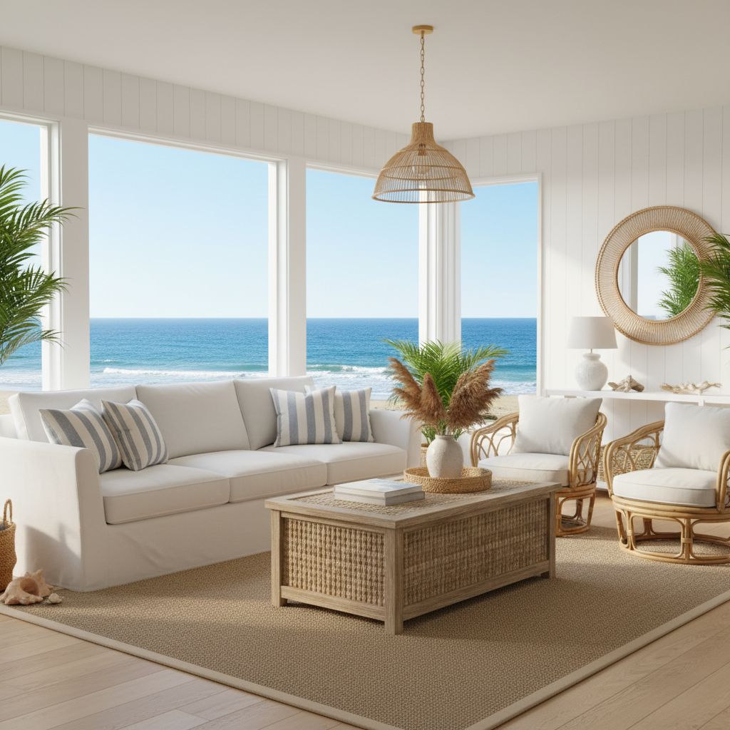 Coastal living room with ocean blues, white furniture, natural textures - AI room transformation example