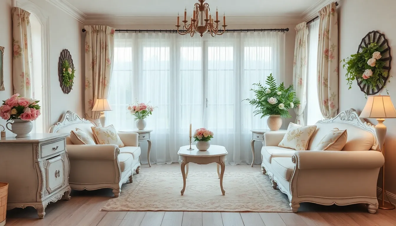 A charming and vintage-inspired shabby chic living room