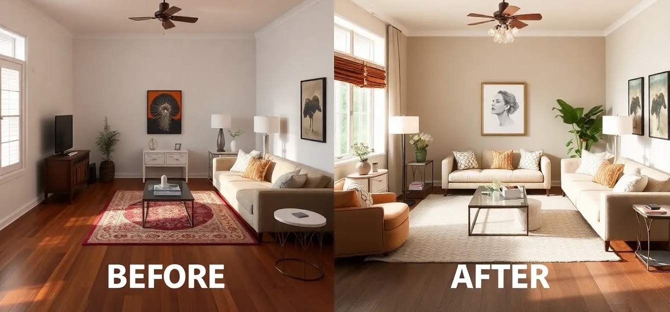 Comparison of a room photo and its AI-generated photorealistic rendering.