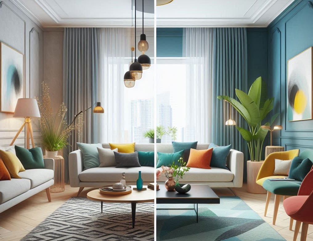 Before and after room design comparison using Decoratly AI