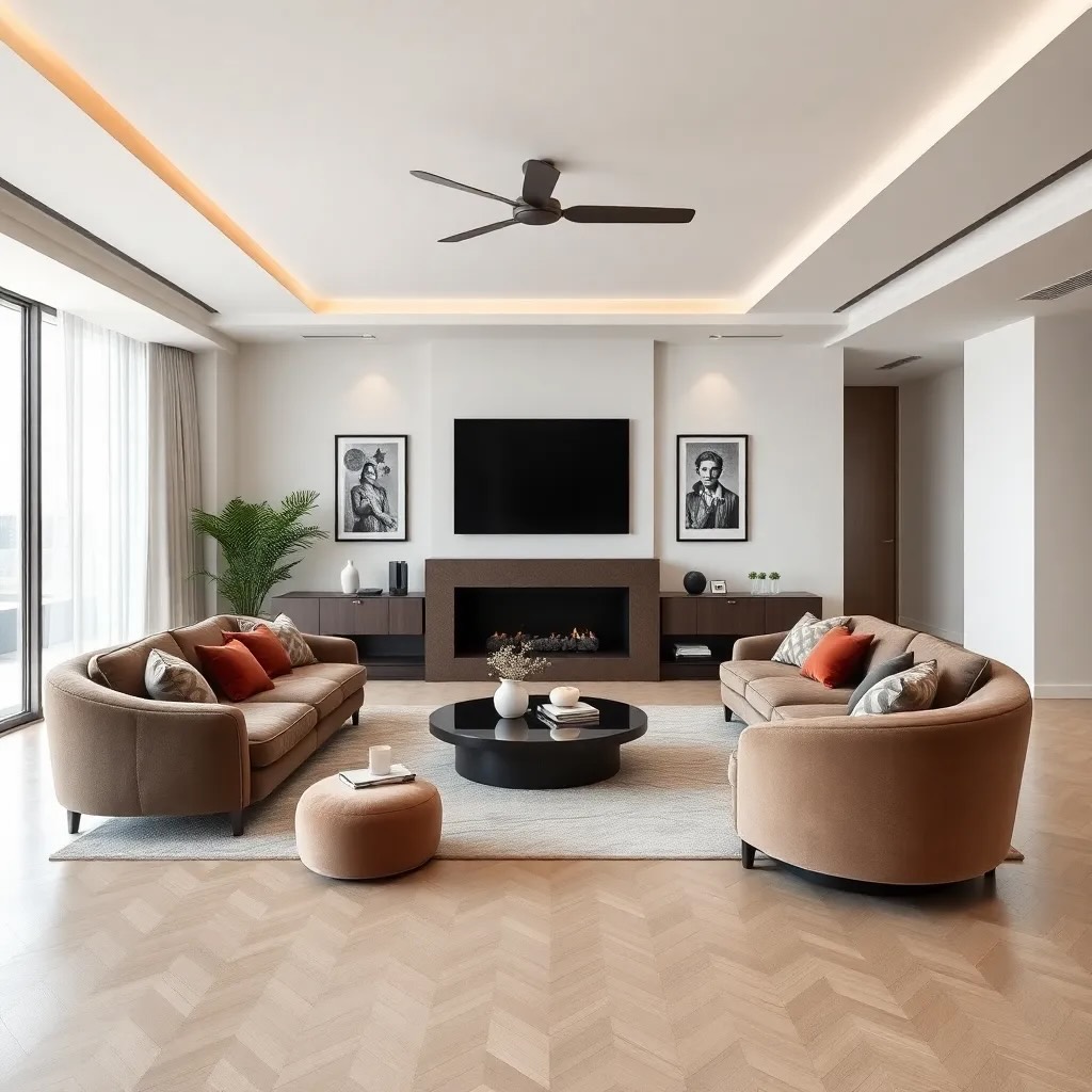 Living room with curved furniture and soft lines in modern interior design