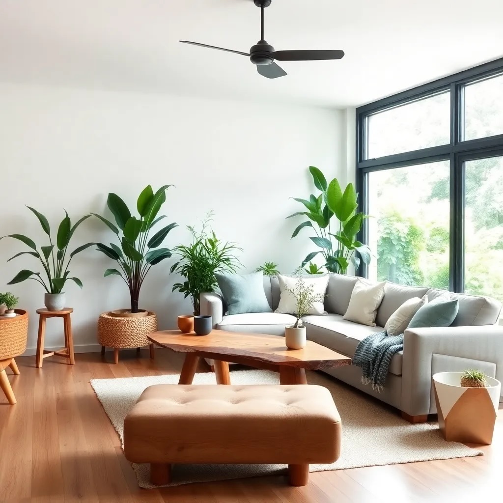 Modern living room with eco-friendly furniture and sustainable decor