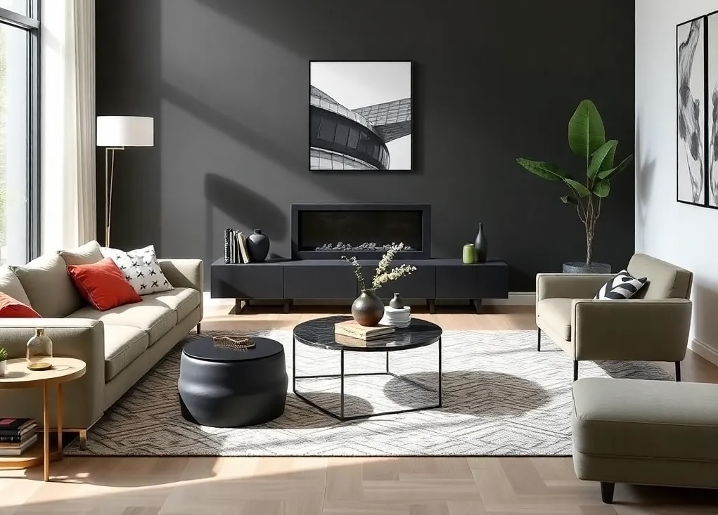 Modern minimalist living room with bold, statement decor