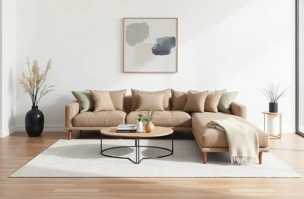 Minimalist living room with neutral tones and a single abstract art piece