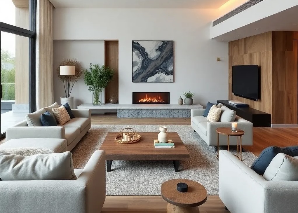 Living room with natural wood and stone elements in modern home decor