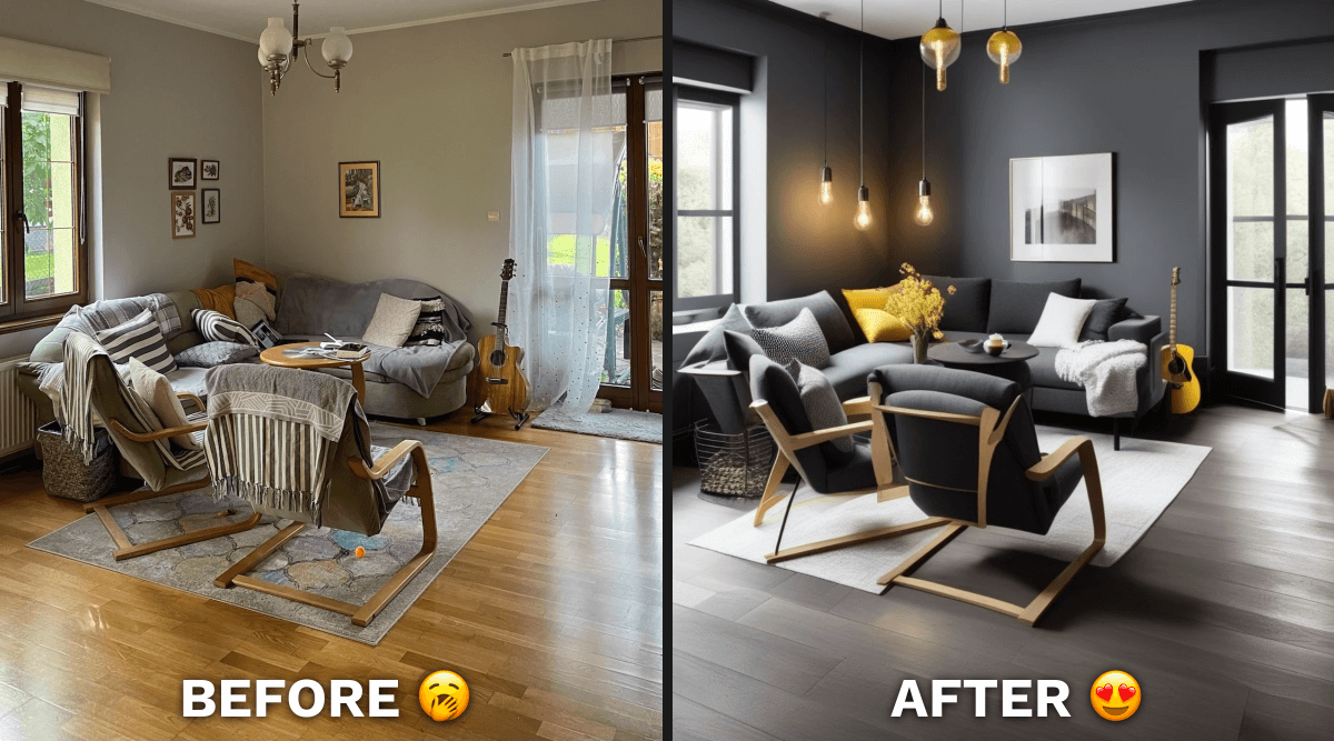 A before-and-after comparison showcasing the transformation using Decoratly's AI app.